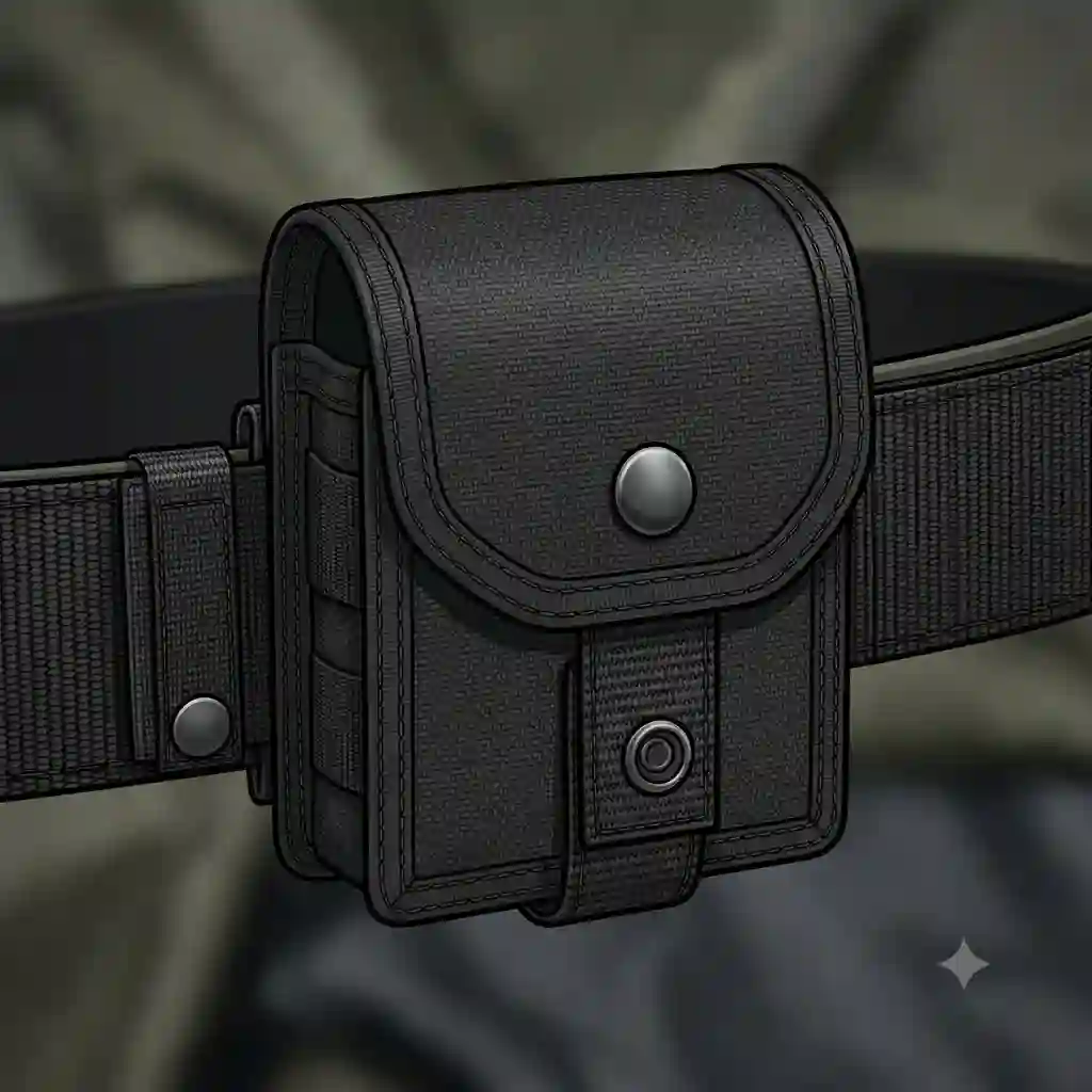 A durable black molle handcuff case mounted on a tactical utility belt, showcasing its secure snap closure and rugged nylon construction.