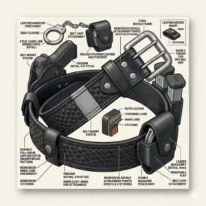 A detailed anatomy diagram showcasing the inner reinforcement layers and rigid construction of a professional leather duty belt.