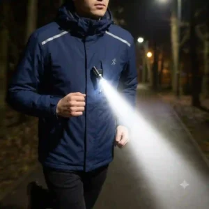 An illustration of a night runner with a lightweight clip on flashlight secured to their running vest.