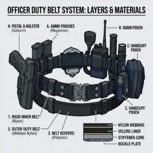 Vector diagram showing the inner and outer layers of a nylon cop duty belt with hook-and-loop fasteners for law enforcement.