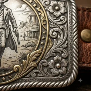 Detailed illustration showing the cowboy motifs and engravings on an antique gunslinger belt buckle.