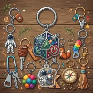 Illustration of the most awesome keychains inspired by popular movies, video games, and anime characters