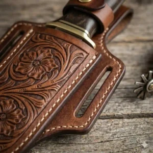 Close-up of heavy-duty white thread hand-stitching on a durable leather cowboy knife sheath.