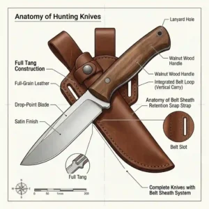Anatomy of hunting knives with belt sheath, diagram showing components like full tang blade, walnut wood handle, and reinforced leather belt loop.