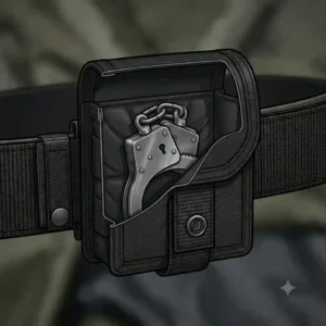 The rear view of a tactical molle handcuff case showing the heavy-duty attachment straps and snap buttons weave system for vest mounting.