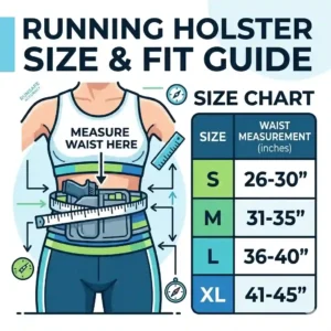 Detailed size and fit guide for a concealed carry running holster showing waist measurements.