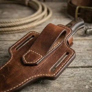 Rear view showcasing a sturdy integrated leather belt loop attachment on the cowboy knife sheath.