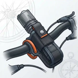 Line art illustration of a silicone flashlight holder mounted on a bicycle handlebar.