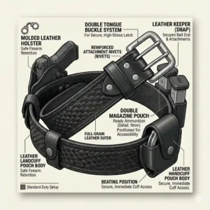 A complete setup guide demonstrating the correct placement of a holster and pouches on a law enforcement leather duty belt.