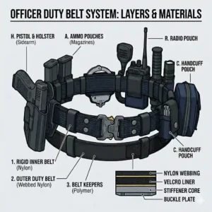 Illustration mapping out the ideal weight distribution and gear placement on a law enforcement cop duty belt to prevent back pain.