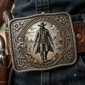 A cowboy in denim jeans and a leather belt featuring a classic gunslinger belt buckle.