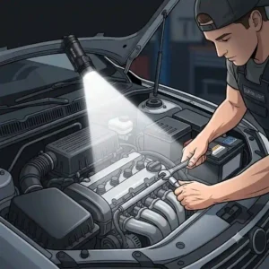 A mechanic using a magnetic clip on flashlight fixed to a car hood to illuminate the engine bay.