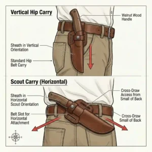 Comparison of scout carry vs vertical carry, knives with belt sheath on a person's waist, illustrating different carry styles.