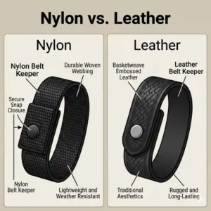 Comparison illustration showing the differences between durable nylon and traditional leather belt keepers.