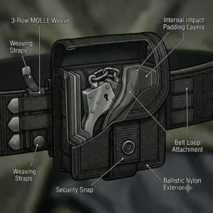 An open molle handcuff case revealing a pair of restraints nested securely inside the padded interior.