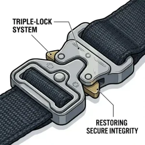 Close-up illustration of a secure triple-lock buckle mechanism on a modern police officer cop duty belt.