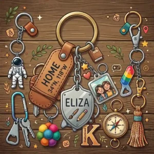 Illustration of personalized engraved wooden and metal designs featuring the most awesome keychains for unique gifts.