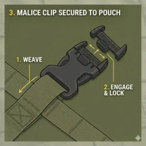 An infographic highlighting the functional features of a durable plastic locking clip molle device for outdoor gear.