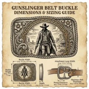 A size chart diagram showing the width and length dimensions of a standard gunslinger belt buckle.