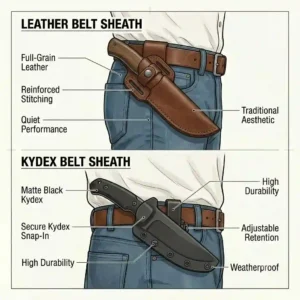 Comparison of kydex and leather knives with belt sheath, illustrating two different sheath materials and their advantages.