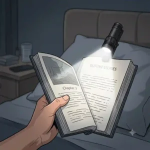 A mini clip on flashlight attached to the cover of a book for reading in bed.