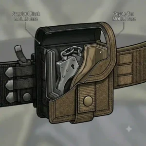 A lineup of the molle handcuff case displayed in multiple tactical colors including coyote tan, olive drab green, and camouflage.