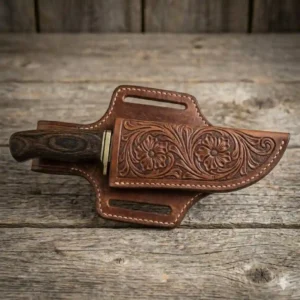 Angled pancake style cowboy knife sheath designed for horizontal cross-draw belt carry.