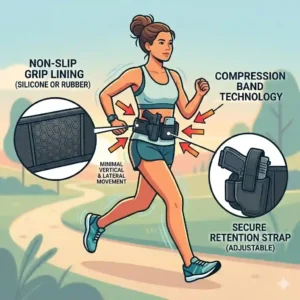 Diagram showing the secure grip and anti-bounce straps of a running holster during high-intensity movement.