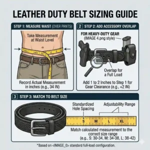 An easy-to-follow sizing guide showing how to measure your waist correctly to find the perfect fitting leather duty belt.