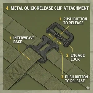 A visual clip molle attachment guide demonstrating correct and incorrect weaving methods for optimal securement.