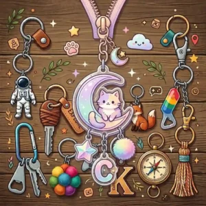 Colorful and cute acrylic charms showcasing the most awesome keychains hanging from a backpack zipper.