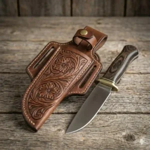 A fixed blade hunting knife placed next to its matching hand-tooled leather cowboy knife sheath.