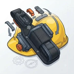 Vector illustration showing how to attach an adjustable flashlight holder to a construction hard hat.