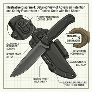 Detail of retention and safety features, tactical knives with belt sheath with a mechanical locking lever and adjustable screws, illustrating security.