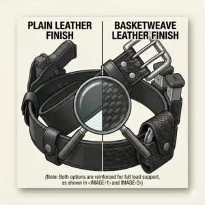 A side-by-side texture comparison between a smooth plain finish and a traditional basketweave leather duty belt.