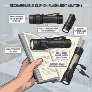 A diagram showing the components of a rechargeable clip on flashlight, including the USB port and sturdy clip.