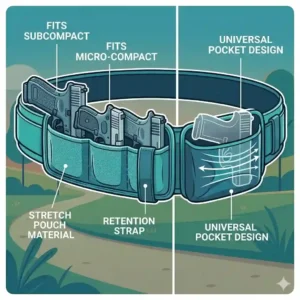 Illustration showing different compact and subcompact pistols fitting securely into a universal running holster.