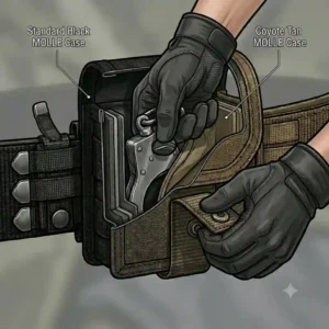 A close-up illustration of a security officer quickly deploying restraints from a top-opening molle handcuff case during a training exercise.