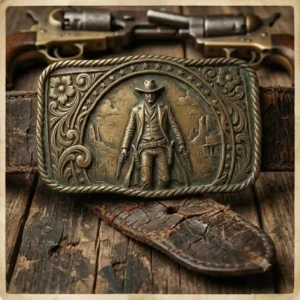 An old-fashioned brass gunslinger belt buckle with a weathered, rustic finish.