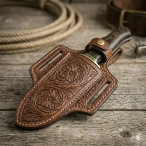 Traditional basketweave stamped pattern on a dark tan leather cowboy knife sheath.