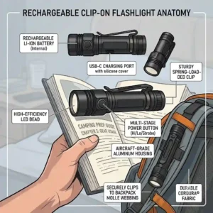 A clip on flashlight fastened to a backpack strap, illuminating a dark hiking trail.