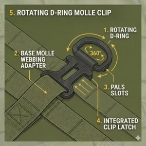 A photograph displaying an ergonomic clip molle for backpack configuration, with utility pouches securely mounted.