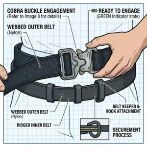Technical illustration demonstrating how belt keepers lock an outer cop duty belt to an inner trouser belt securely