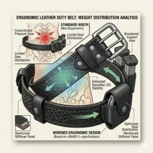 An ergonomic diagram analyzing how a widened leather duty belt optimizes weight distribution to reduce lower back strain.
