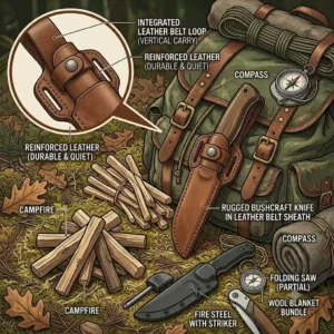 Rugged bushcraft knives with belt sheath in a detailed camping context, illustrating their use for survival.