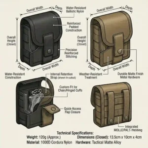 A detailed technical diagram indicating the height, width, and depth dimensions of a universal molle handcuff case.
