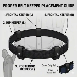 Guide illustration showing the ideal placement positions for four belt keepers on a tactical gear setup.