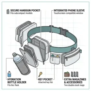 An exploded view of a running holster highlighting extra compartments for keys, phones, and spare magazines.