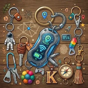 Graphic illustration of high-tech smart gadgets representing the most awesome keychains equipped with Bluetooth trackers.