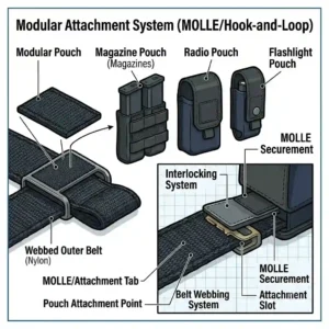 Isometric vector drawing showing tactical gear pouches sliding onto a Molle-compatible cop duty belt setup.